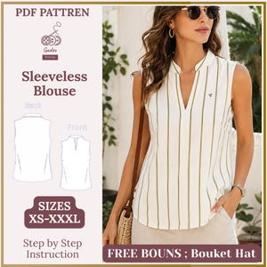 May include: A sleeveless blouse with a white base and vertical olive green stripes, featuring a V-neckline and a mandarin collar. The image includes text: PDF PATTREN, Gadzo Sewing, Sleeveless Blouse, Back, Front, SIZES XS-XXXL, Step by Step Instruction, FREE BOUNS ; Bouket Hat.