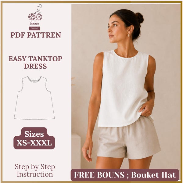 Easy Tank Top Sewing Pattern: Linen Summer Blouse PDF | Step-by-Step Beginner Tutorial - Sizes XS-XXXL