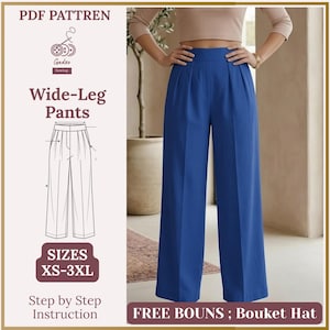 May include: A PDF sewing pattern for wide-leg trousers in sizes XS-3XL. The image displays a line drawing of the trousers, the text PDF PATTREN, Gadzo Sewing, Wide-Leg Pants, SIZES XS-3XL, Step by Step Instruction, and FREE BOUNS; Bouket Hat.