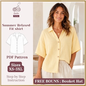 Summer Button Up Shirt Sewing Pattern | PDF Pattern XS-3XL | Relaxed Fit Short Sleeve Blouse | Instant Download PDF | Beginner Sewing Guide