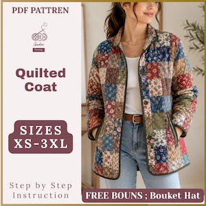 Può includere: Un cappotto trapuntato con un design patchwork di vari motivi floreali nelle tonalità del blu, rosso, verde e crema. Il testo sull'immagine recita PDF PATTREN, Gadzo Sewing, Quilted Coat, SIZES XS-3XL, Step by Step Instruction, FREE BOUNS ; Bouket Hat.
