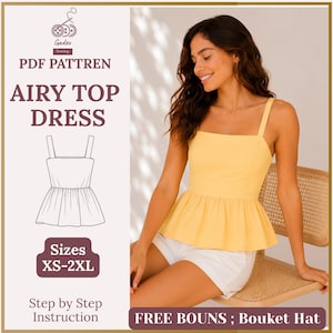 May include: A PDF sewing pattern for an airy top dress, featuring a line drawing of a sleeveless peplum top with wide straps. The text reads PDF PATTREN AIRY TOP DRESS, Sizes XS-2XL, Step by Step Instruction, and FREE BOUNS ; Bouket Hat.