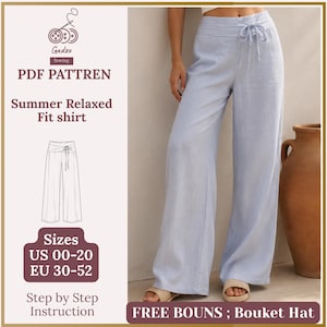 Könnte beinhalten: Ein digitales PDF-Schnittmuster für eine hellblaue Hose mit weitem Bein und Kordelzug in der Taille. Das Bild zeigt den Text Gadzo Sewing, PDF PATTREN, Summer Relaxed Fit shirt, Sizes US 00-20 EU 30-52, Step by Step Instruction und FREE BOUNS ; Bouket Hat.