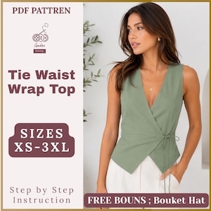 Könnte beinhalten: Ein ärmelloses Wickeloberteil in Salbeigrün mit V-Ausschnitt und seitlicher Taillenschnürung. Das Bild enthält den Text: PDF PATTREN, Gadzo Sewing, Tie Waist Wrap Top, SIZES XS-3XL, Step by Step Instruction und FREE BOUNS ; Bouket Hat.