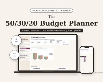 Planificador de presupuesto 50/30/20 / 50 30 20 / Necesidades, deseos y ahorros / Presupuesto mensual / Hoja de cálculo de presupuesto / Excel y Google Sheets