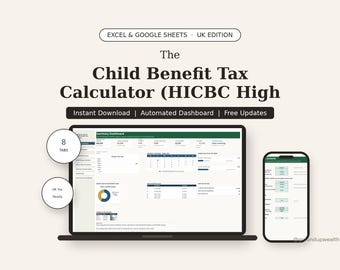 Hoja de cálculo para calcular el impuesto sobre las prestaciones por hijos en el Reino Unido (recargo por altos ingresos HICBC) / Hijo con altos ingresos / Calculadora HICBC / Autoliquidación / Imprimible