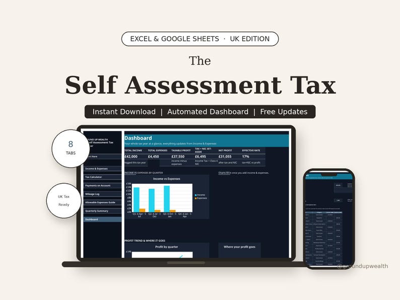 Self Assessment Tax Spreadsheet UK - Self Employed Tax Calculator, Expense | HMRC Self Assessment | Sole Trader | UK Freelancer Tax image 1