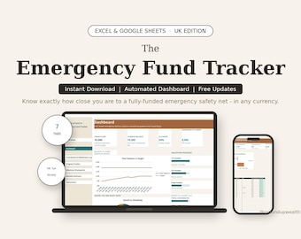 Hoja de cálculo para el seguimiento del fondo de emergencia / Red de seguridad financiera / Seguimiento de ahorros / Hojas de cálculo de Google / Ahorros para 6 meses / Excel y Hojas de cálculo de Google