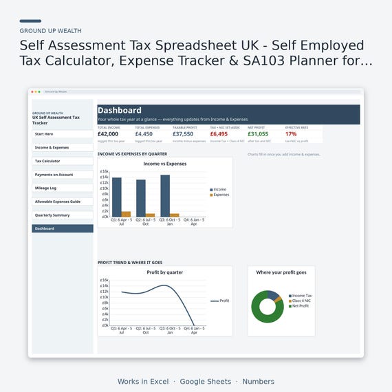 Self Assessment Tax Spreadsheet UK - Self Employed Tax Calculator, Expense | HMRC Self Assessment | Sole Trader | UK Freelancer Tax