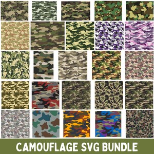 May include: A digital collection of twenty-five distinct camouflage patterns featuring various color combinations including traditional green, brown, black, purple, pink, blue, and orange. The text CAMOUFLAGE SVG BUNDLE is printed in white at the bottom.