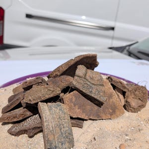 May include: A collection of irregular, weathered brown bone fragments with porous textures and visible grain patterns. The pieces vary in size and shape, displaying earthy tones and rough, organic surfaces stacked together in a pile.