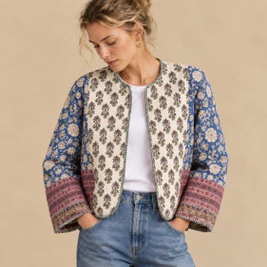 Veste Matelassée Patchwork Femme Imprimé Vintage – Manteau Court Coton Style Boho – Veste d’Automne Chic et Confortable
