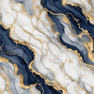 May include: A seamless surface pattern featuring a marble-like texture with swirling veins of deep navy blue, crisp white, and metallic gold. The design displays fluid, organic shapes that mimic natural stone with intricate, shimmering gold accents.