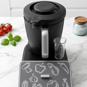 May include: A black kitchen food processor with a ribbed exterior, a silver handle, and a black lid. In front sits a rectangular gray control panel featuring white line art illustrations of various vegetables including a mushroom, apple, eggplant, pepper, asparagus, beet, tomato, and carrot.