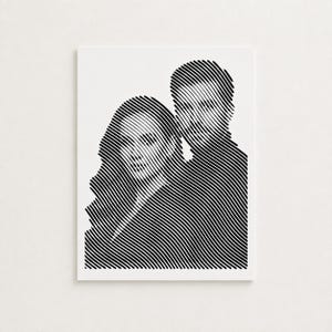 May include: A rectangular wall art print featuring a black and white line art portrait of two people. The image is composed entirely of continuous, parallel black lines that vary in thickness and curvature to define the facial features and hair.