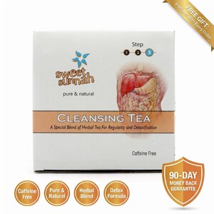 May include: A white square box of Sweet Sunnah Cleansing Tea featuring a blue logo, an anatomical illustration of a liver and digestive system, and the text: Step 1 2 3, Cleansing Tea, A Special Blend of Herbal Tea For Regularity and Detoxification, Caffeine Free.
