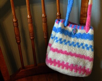 Pink, Blue and Brown fashionable felted knit purse