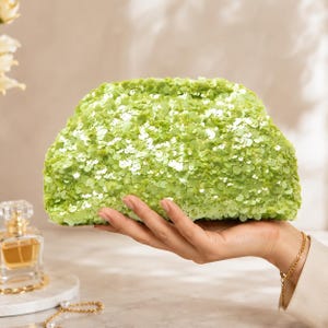Puede incluir: Un bolso de mano color verde lima cubierto de pequeñas lentejuelas redondas y reflectantes. El bolso tiene una forma redondeada y semicircular con un cierre superior suave y fruncido. La superficie está densamente cubierta de discos verdes brillantes.