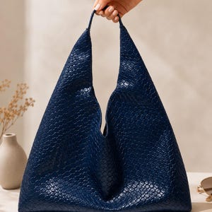 Navy Blue Woven Shoulder Bag, Large Hobo Tote Bag, Minimalist Underarm Purse, Soft Faux Leather Work Bag, Gift For Her