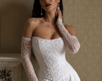 Bridal Beaded Corset Top, Off-Shoulder Wedding Corset, White Satin Bodice
