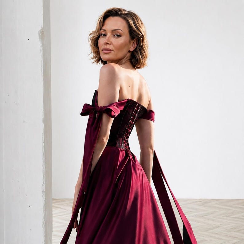 May include: A deep burgundy floor-length gown featuring a strapless corset bodice with a lace-up back closure. The dress includes off-the-shoulder sleeves with long, flowing fabric ties that extend down the sides, creating a dramatic silhouette.
