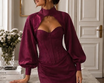 Burgundy Corset Dress Set, Satin Corset Gown, Detachable Sleeve Bolero, Formal Evening Dress, Wedding Guest Dress, Luxury Corset Outfit