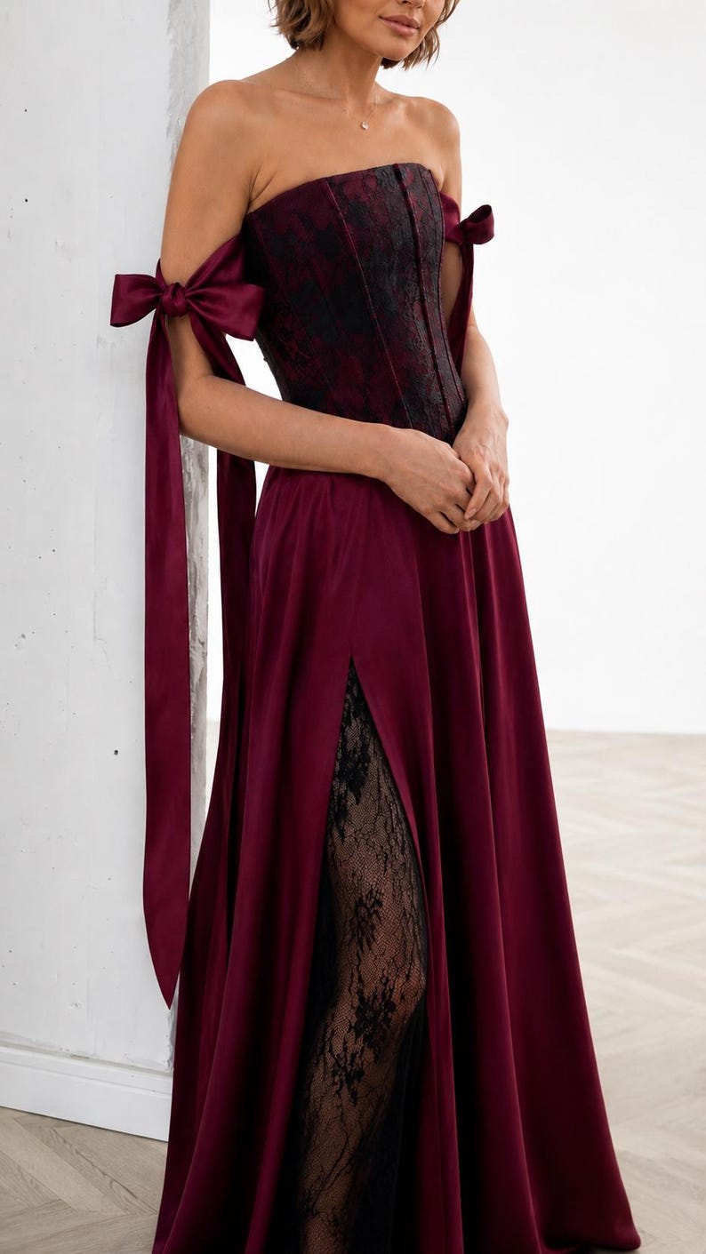 May include: A floor-length burgundy satin gown featuring a strapless corset bodice with black lace overlay, off-the-shoulder sleeves with long satin ribbon ties, and a high side slit revealing a black lace underskirt layer beneath the fabric.