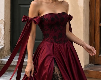 Burgundy Satin Lace Corset Dress, Romantic Off Shoulder Gown, Gothic Wedding Dress, Corset Evening Dress, Victorian Inspired Dress