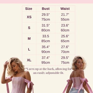 May include: A satin lace corset size chart with text listing sizes XS through XL, including bust and waist measurements in inches and centimeters. The chart notes that the corset laces up at the back for an adjustable fit, displayed with two views of a light pink corset.