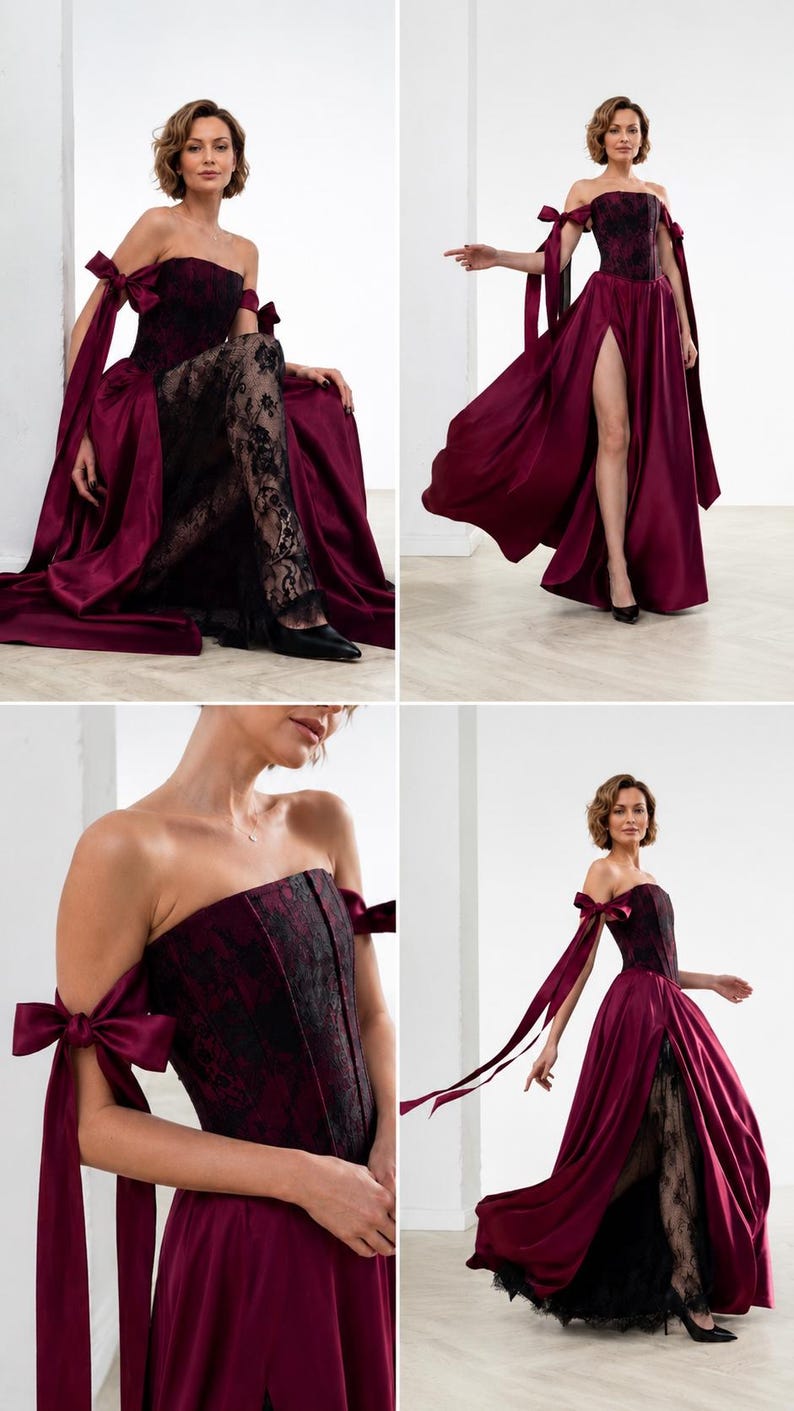 May include: A floor-length burgundy satin gown featuring a strapless corset bodice with black lace overlay, off-the-shoulder sleeves with long ribbon ties, and a high front slit revealing a black lace underskirt with a scalloped hemline.