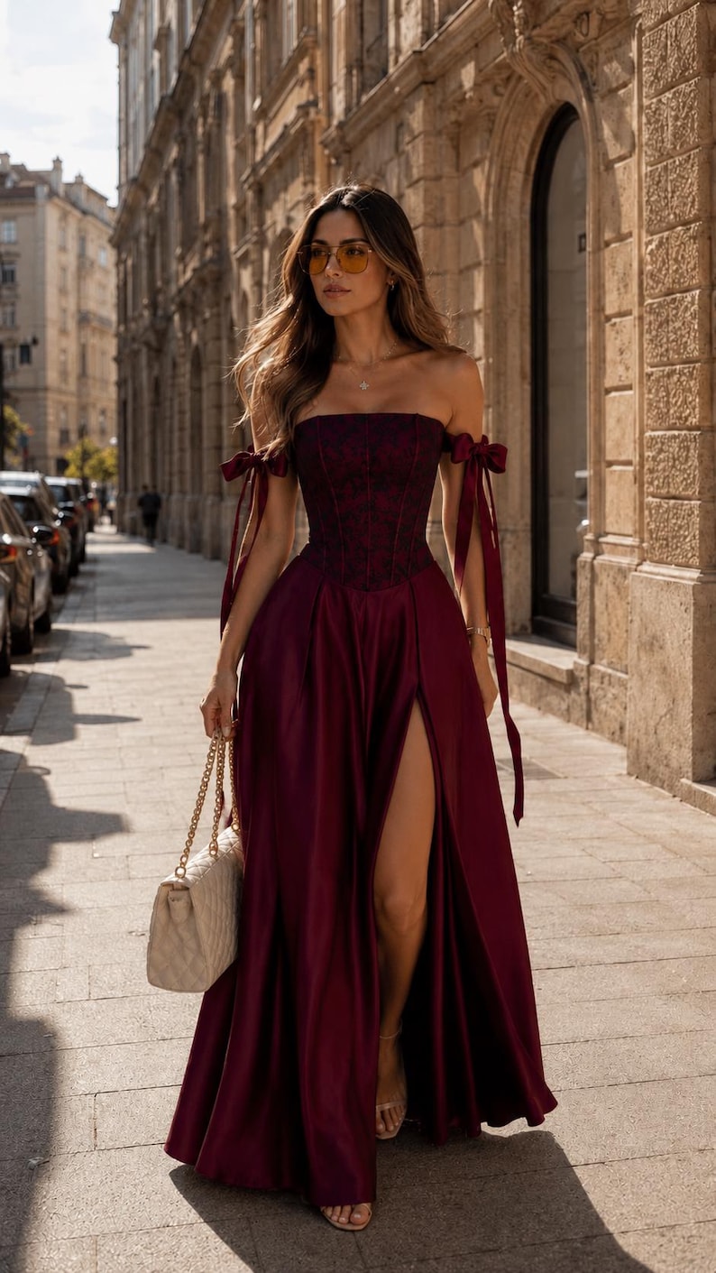 May include: A floor-length burgundy gown featuring a strapless corset-style bodice with a dark lace overlay, off-the-shoulder sleeves with ribbon ties, a high side slit, and a full skirt, paired with a beige quilted handbag with a gold chain strap.