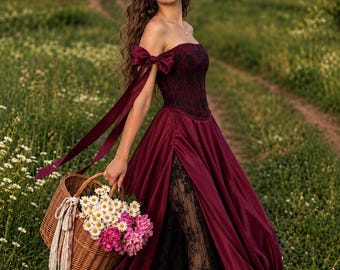 Burgundy Renaissance Dress, Gothic Medieval Wedding Dress, Romantic Velvet Gown, Off Shoulder Victorian Dress, Dark Romance Dress