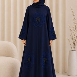 navy blue dress matching hijab navy blue dress matching hijab Nabia Blue Solid Abaya Dress with Black  Georgette Hijab