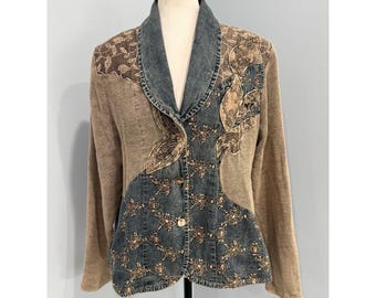 Vintage Josephine Positano Italy Denim Knit Patchwork Embroidered Jacket XL