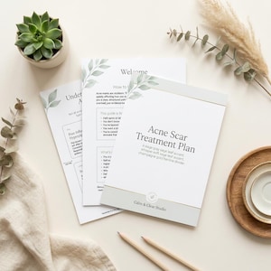 May include: A stack of three white informational sheets titled Acne Scar Treatment Plan with sage green leaf illustrations, thin gold horizontal lines, and the text Calm & Clear Studio at the bottom, presented on a neutral surface.