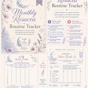 May include: A Monthly Rosacea Routine Tracker planner featuring lavender floral illustrations, crescent moon motifs, and text detailing daily AM and PM checklists, weekly skin check-ins, product rotation logs, and skin reaction tracking pages.