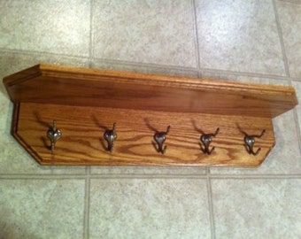 Coat Rack Solid Oak Wood with Shelf - 5 hooks Light Stain Color