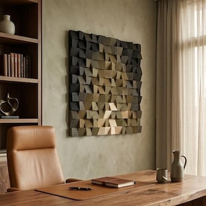 Square Geometric Wood Wall Art, 3D Acoustic Panel, Handmade Mosaic Sound Diffuser, Modern Architectural Decor