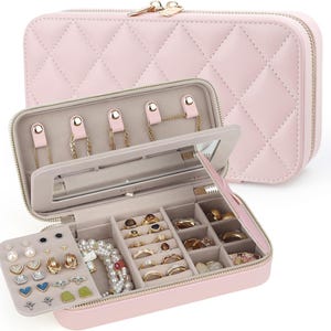 Travel Jewelry Case with Mirror, Quilted Small Jewelry Box Organizer for Women Girls, Portable Earring Necklace Bracelet Ring Holder Storage