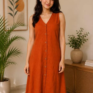 Rust Orange Sleeveless Midi Dress | V-Neck Button Front A-Line Summer Outfit