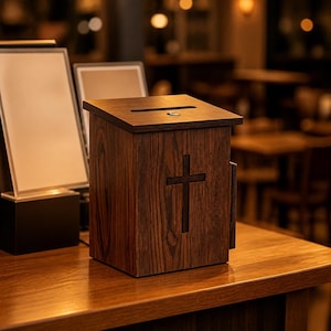 May include: A dark brown wooden donation box featuring a vertical cross cutout on the front panel. The box has a slanted top surface with a horizontal slot for inserting items and a small circular lock mechanism integrated into the top lid.