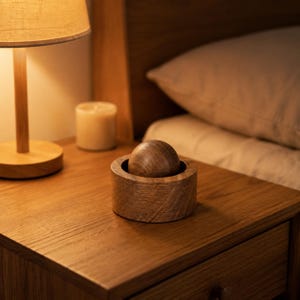 Könnte beinhalten: Eine glatte, kugelförmige Holzkugel, die in einer kreisförmigen Holzschale mit sichtbarer Maserung liegt. Das Objekt ist aus Naturholz gefertigt und weist einen gleichmäßigen, warmen Braunton auf seiner gesamten abgerundeten Oberfläche auf.