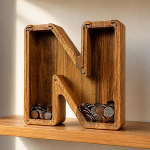 Può includere: Un salvadanaio in legno a forma di lettera N con un pannello frontale in acrilico trasparente fissato da piccole viti metalliche. L'interno della cornice in legno è cavo e contiene una collezione di varie monete metalliche sul fondo.
