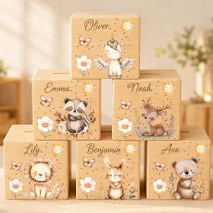 Personalisierte Spardose aus Holz, Tiermotiv mit individuellem Namen, Babyzimmer-Deko, Erinnerungsstück zur Babyparty