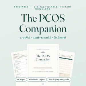 Puede incluir: Un planificador digital e imprimible de 18 páginas para el SOP con texto verde oscuro sobre un fondo verde claro. La portada muestra el título The PCOS Companion, track it, understand it, be heard, e incluye secciones para el seguimiento de síntomas, piel, cabello, azúcar en sangre y citas.