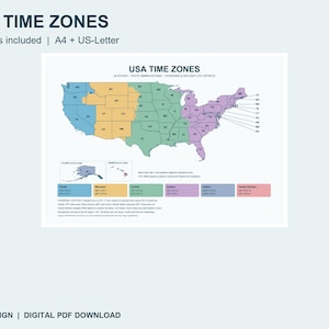 May include: A digital map titled USA TIME ZONES showing the United States divided into color-coded regions. The map includes Alaska and Hawaii, with a legend detailing UTC offsets for Pacific, Mountain, Central, Eastern, Alaska, and Hawaii-Aleutian zones.