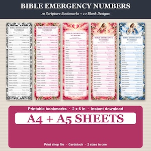 May include: Five vertical bookmarks titled BIBLE EMERGENCY NUMBERS, each listing scripture references for various emotions. The designs feature floral, heart, and religious imagery in black and white, pink, red, and blue. Each measures 2 x 6 inches.
