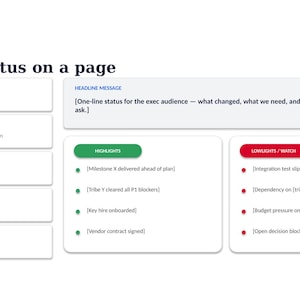 Peut inclure: Un mod&egrave;le de rapport de suivi de projet avec un espace r&eacute;serv&eacute; pour un logo bleu, le titre Project status on a page et une section de r&eacute;sum&eacute; ex&eacute;cutif. Il comprend des indicateurs pour l'ensemble, la port&eacute;e, le calendrier, le budget et les risques, ainsi que des sections points forts et points faibles avec des listes &agrave; puces.