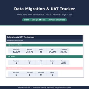 Planilha de Rastreamento de Migração de Dados em Excel | Plano de Teste UAT, Registro de Defeitos, Conciliação e Aprovação | Planilha de Teste de Projetos de TI