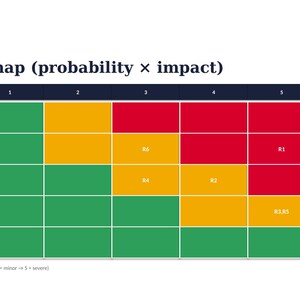May include: A risk heatmap chart titled Risk heatmap (probability x impact) with a grid of green, yellow, and red cells. The axes are labeled 1 to 5 for probability and impact. Risk identifiers R1, R2, R3, R4, R5, and R6 are placed in specific cells.
